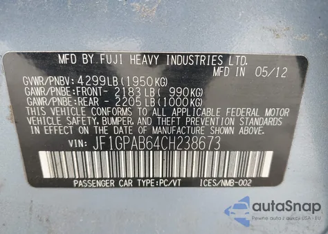 2012 Subaru Impreza 2.0I Premium из США, поврежденный, VIN JF1GPAB64CH238673